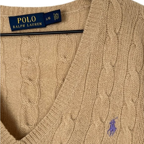 Polo Ralph Lauren Cashmere Merino Wool Cable Knit Jumper Sweater Camel Tan Vneck - Picture 7 of 12